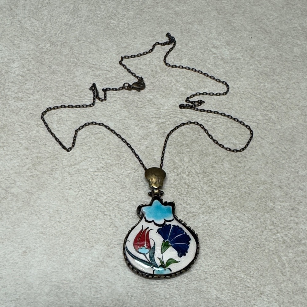 Blue and White Floral Enamel Pendant Necklace Turkish pendant